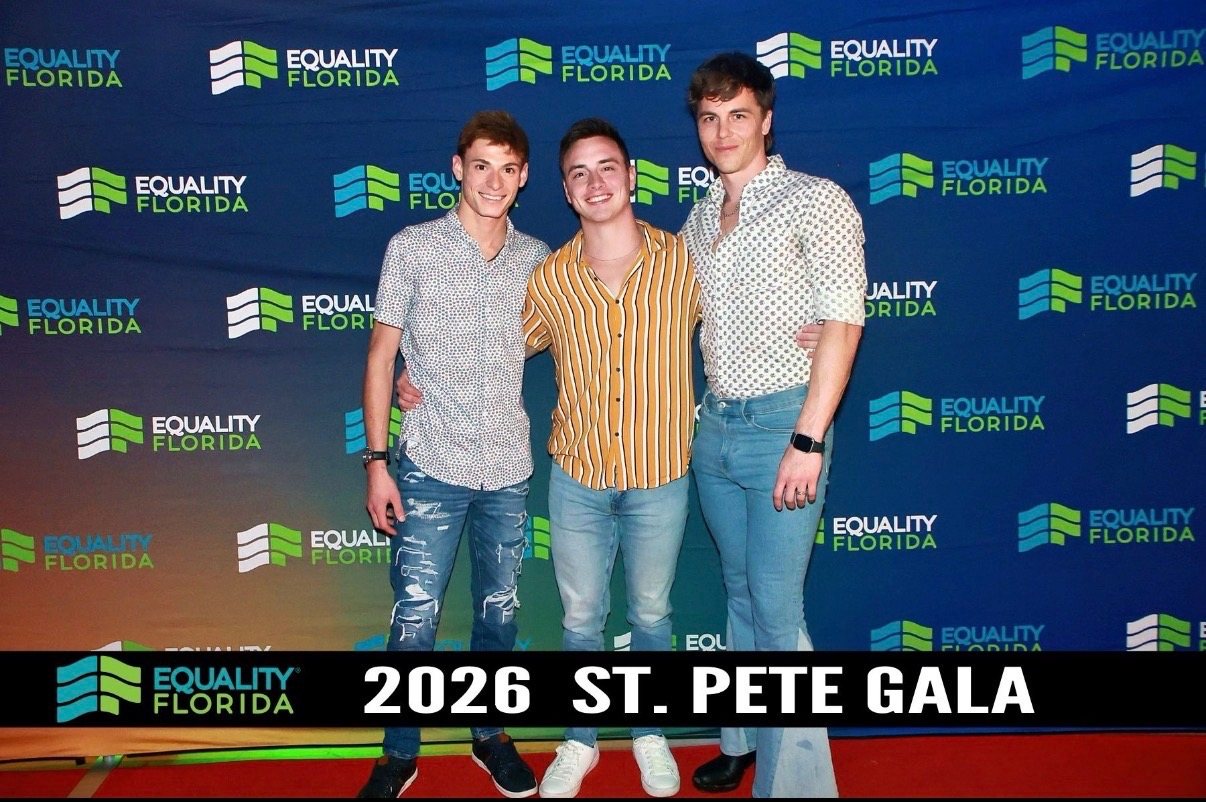 Jeffrey Sisk with two friends at the Equality Florida St. Pete Gala red carpet
