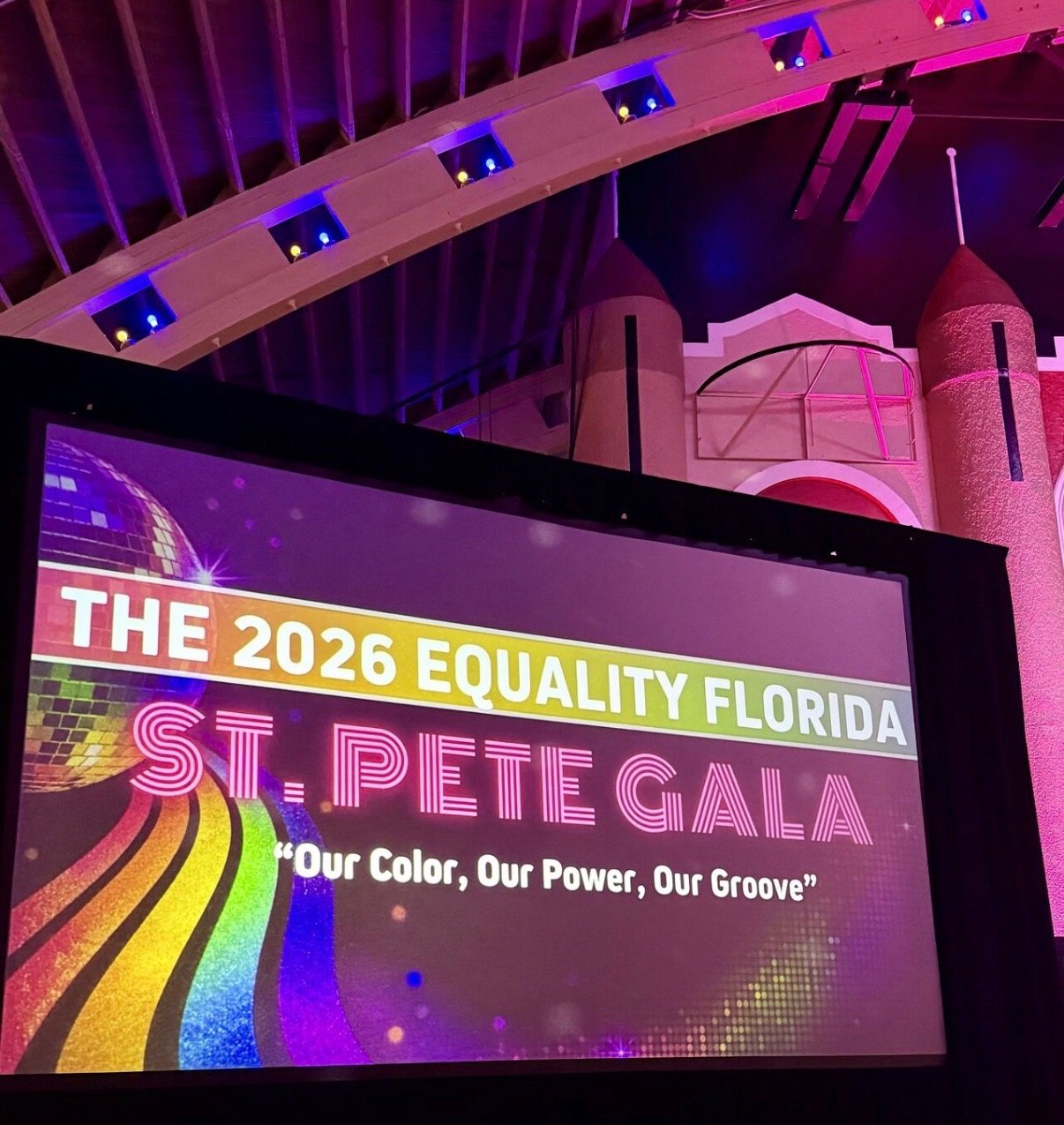Stage screen reading The 2026 Equality Florida St. Pete Gala, Our Color Our Power Our Groove
